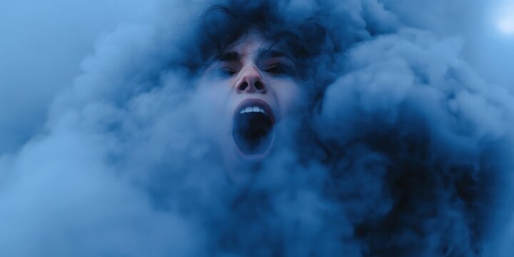 Woman screaming with face emerging from dense blue smoke surrounded