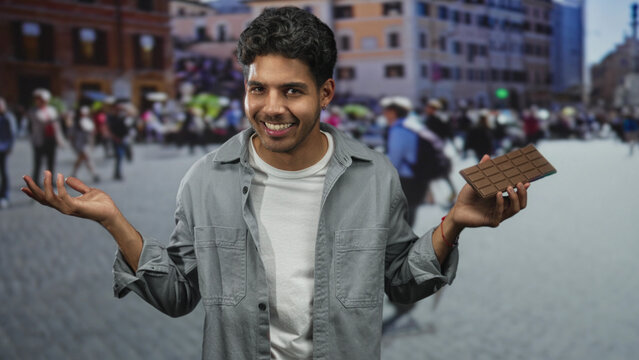 Man smiling with eyes closed holding a chocolate bar in one hand while shrugging with the other on a crowded street plaza; playful moment.