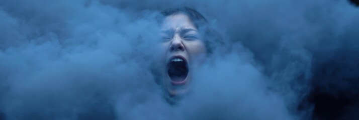 Obraz premium Woman screaming amid dense blue smoke in dim studio environment