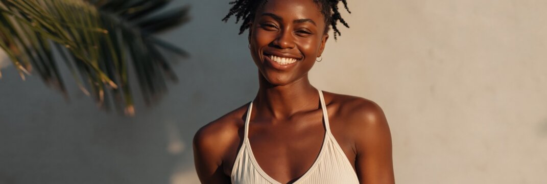 Woman smiling in halter top outdoors with palm background