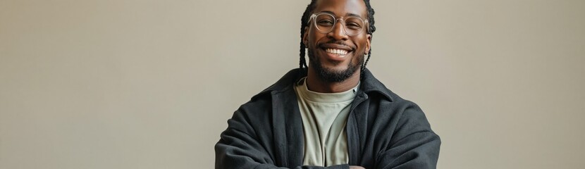 Obraz premium Man smiling with arms crossed in beige studio setting