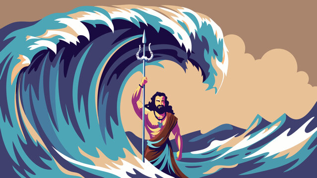 A long shot shows Poseidon, trident raised, emerging from the heart of a massive, cresting ocean wave