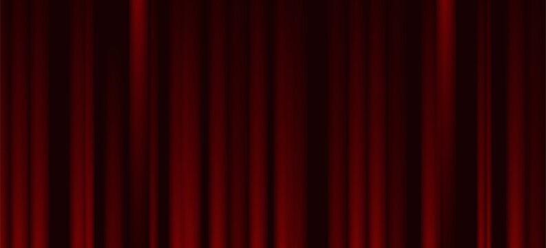 Red velvet curtain background. Closed curtains wallpaper for theater stage or cinema, circus. Red fabric drapery backdrop for award, show, performance. Velvet textile room scene banner concept. Vector