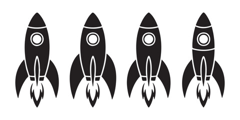 Set of rocket ship icons silhouettes with flame trail vector illustration for space startup design. © Nuruzzaman