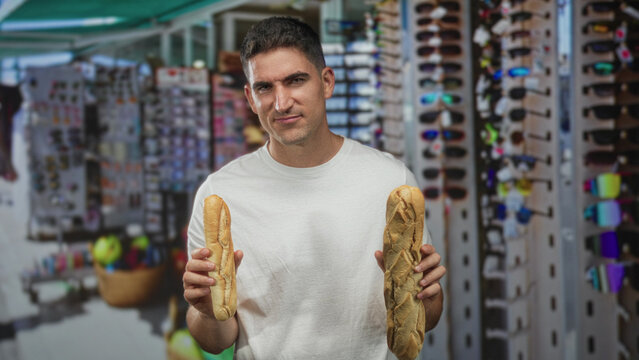 Young hispanic man holding two baguettes in both hands at a busy street souvenir market outdoors, grimacing at the smell of fresh bread; annoyance.