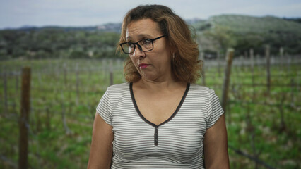 Obraz premium Middle aged woman wearing glasses looks to the side in a forest vineyard among green rows and hills; quiet reflection concern.