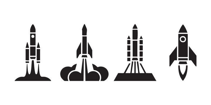 Rocket silhouettes including heavy boosters and single engine designs vector collection for startups.