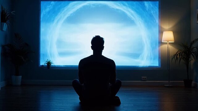 Person meditating in front of glowing screen emphasizing advanced technology and cybersecurity