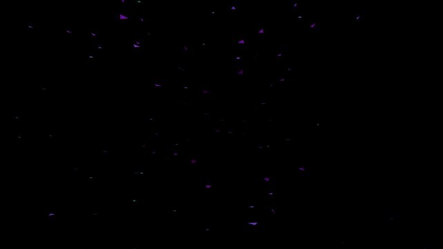 Explosion of Colorful Geometric Triangle Particles Flying Towards Camera on Black Background in 4K.