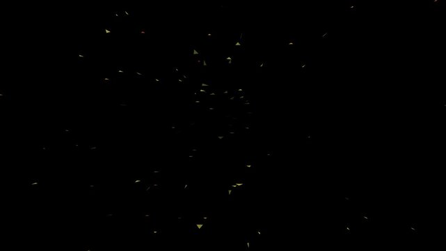 Explosion of Colorful Geometric Triangle Particles Flying Towards Camera on Black Background in 4K.