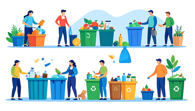 People sorting waste into recycling bins, separating organic, plastic, and paper, promoting environmental awareness and sustainability in urban settings