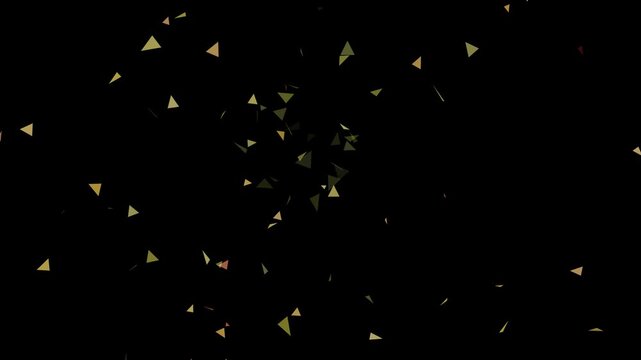 Explosion of Colorful Geometric Triangle Particles Flying Towards Camera on Black Background in 4K.