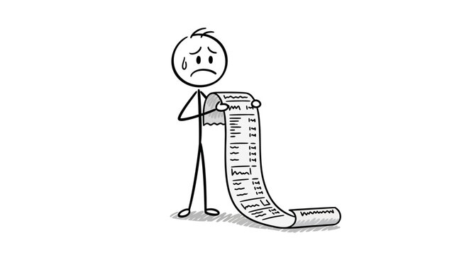 Stressed stick figure looking at a very long list or bill, depicting overwhelm on an isolated white background.