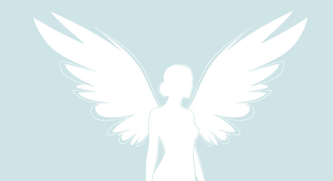 Serene silhouette of an angel with large wings on a light blue background.