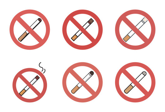 Cigarette smoking ban icons with different tobacco product designs.