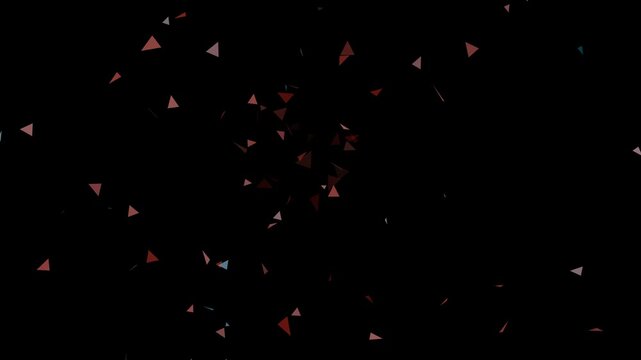 Explosion of Colorful Geometric Triangle Particles Flying Towards Camera on Black Background in 4K.