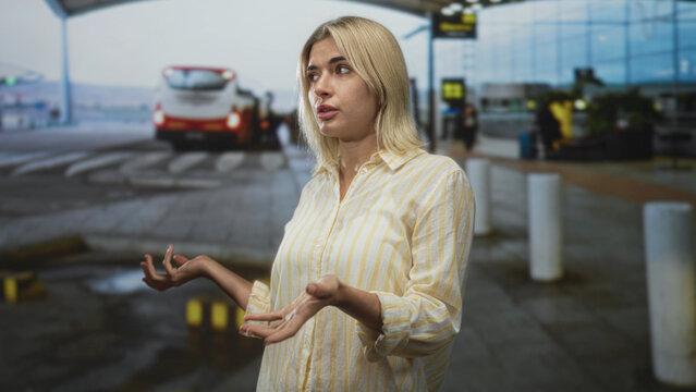Woman palms up gesturing near shuttle van and white bollards at airport curb, speaking and checking her hands while waiting for pickup; travel frustration.