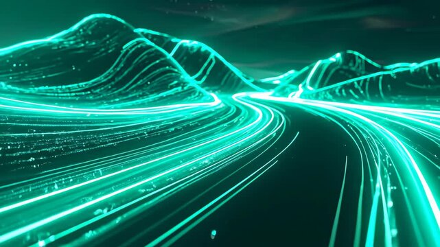 Futuristic Neon Light Roadway with Digital Data Streams.