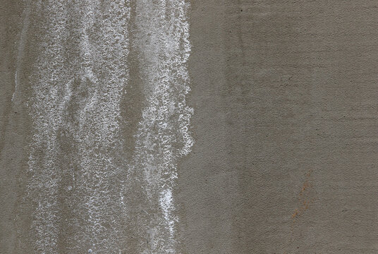 white efflorescence salt deposits on a grey concrete wall.