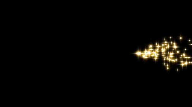 Golden stars trail moving left to right curve with twinkling particles, glowing starlight glitter sparkle path, fairy dust shimmer particles, glitter line transition on black background video