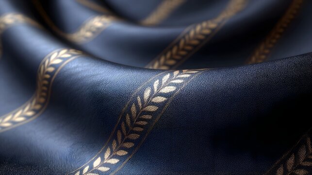Luxurious navy blue fabric draped with ornate metallic gold geometric patterns providing a rich and elegant background texture