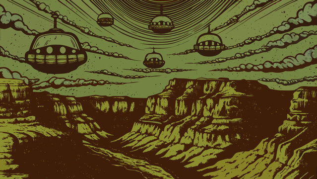 A sprawling megacity built into a canyon, floating transit pods, dusk, teal and orange color grade. 1