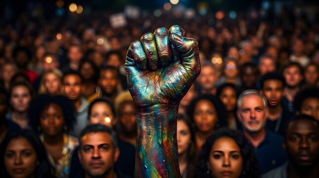Multicultural crowd protest with raised fist, colorful paint, and blurred background, symbolizing unity and activism at night