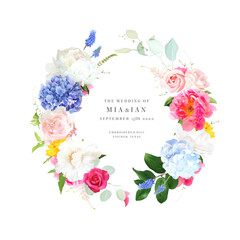Naklejka premium Bright and bold florals vector design frame. Blue delphinium, hydrangea, pink peony, white magnolia, tulips, rose, hyacinth, greenery and plants card. All flowers and branches are isolated and movable