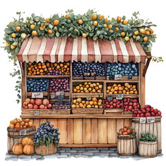 Autumn Harvest Market Scene, refined watercolor illustration with luminous tones and soft layered brushwork, isolated on a white background. © lunaris