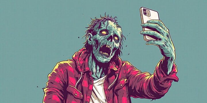 Zombie is taking a selfie with smartphone
