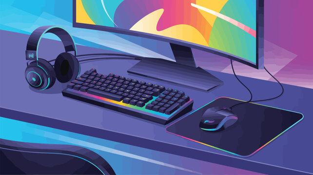 Gaming setup, computer workstation, desk with keyboard, mouse, monitor, headphones, colorful workspace