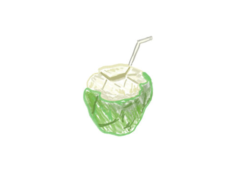 Coconut water with straw illustration - Handdrawn by crayon, transperant bg