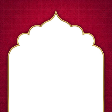 Elegant Islamic arch frame background with red geometric pattern
