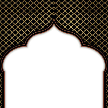 Elegant black and gold Islamic arch frame background with geometric pattern
