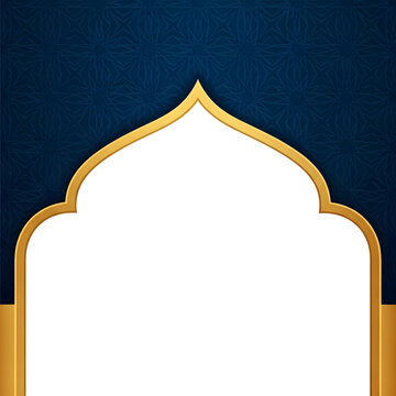 Elegant blue and gold Islamic arch frame background with geometric pattern