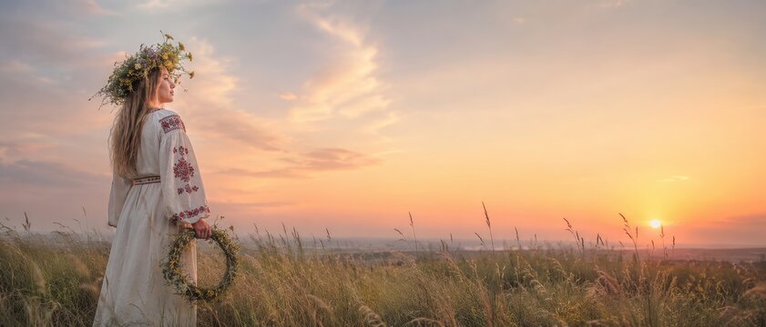 Woman in traditional embroidered sorochka dress holding flower wreath in field at sunset. Slavic beauty and folk culture concept. Ethnic summer lifestyle. Heritage and nature connection