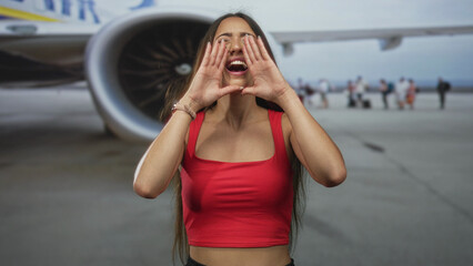 Fototapeta premium Young woman shows two thumbs up and smiles in front of airplane engine at airport; travel joy adventure.