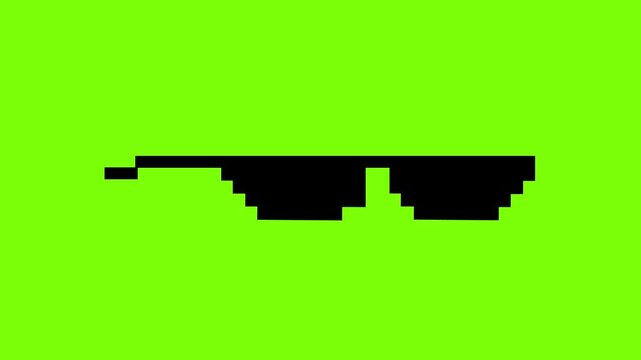 Looping pixel art animation of meme sunglasses, 8-bit boss glasses style. Funny gangster meme effect with green screen background for video edits and creative projects.