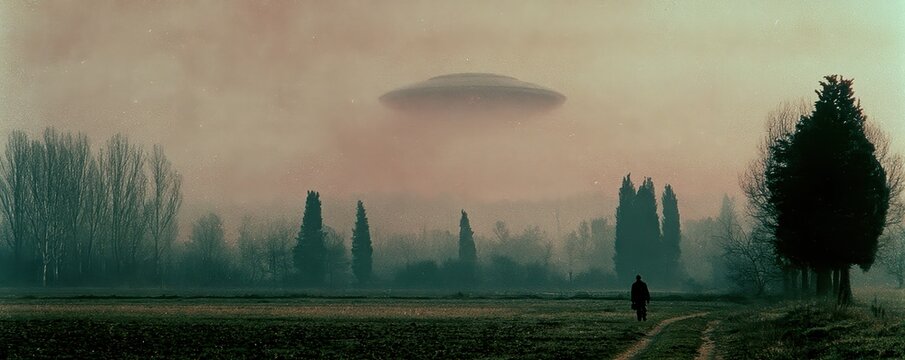 Man walking in a foggy field watching a mysterious ufo in the sky. Retro style cinematic scene of an alien spacecraft hovering over a rural