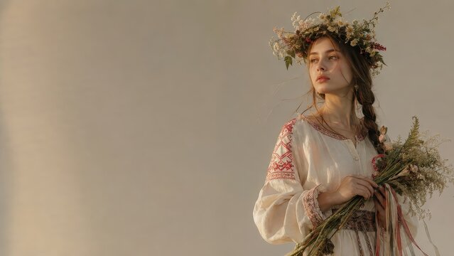 Woman in traditional Slavic ethnic dress with flower wreath and bouquet. Portrait of young girl in embroidered linen clothes