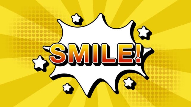 smile text word lettering popup comic cartoon reveal with bomb and smoke explosion manga anime book page dots with radial speed lines doodle yellow background with seamless loop animation retro 