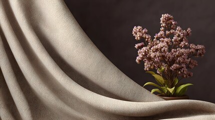 Naklejka premium Soft cream drapery cascades beside a delicate arrangement of dusty purple flowers against a deep moody backdrop