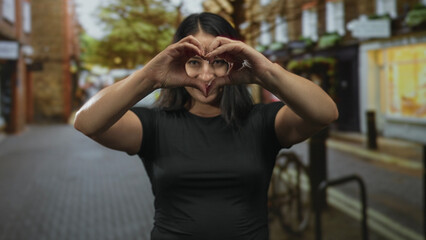 Fototapeta premium Young hispanic woman makes heart with hands on a busy city street near a bicycle rack while smiling broadly; love joy.