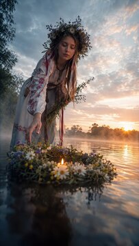 Woman in traditional Slavic dress releasing a floral wreath with a candle into the river. Slavic folk ritual of Kupala Night. Celebration of summer solstice, magic, nature, and ancient traditions