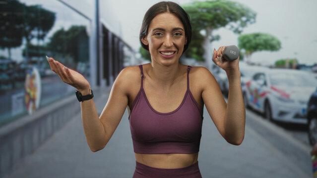 Woman holding 1kg dumbbell with hand to head, shrugging and smiling on a city street sidewalk near parked cars; surprise.