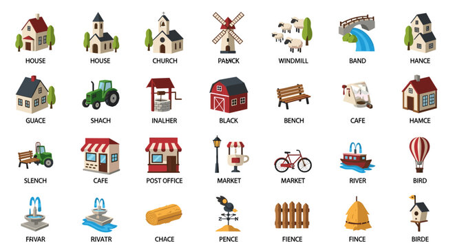 A charming collection of rural icons, showcasing houses, churches, windmills, and other countryside elements in a vibrant, isometric vector illustration with a warm color palette,