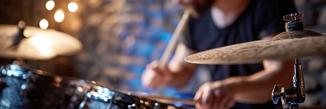 rock drummer playing the drums on drum set