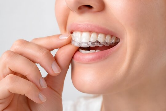Young woman putting on transparent plastic dental aligner or invisible braces for teeth straightening, orthodontic treatment and dental hygiene concept.