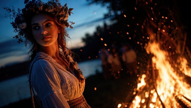 Woman wearing floral wreath standing near bonfire at night. Traditional summer solstice celebration ritual. Young girl in white dress during folk festival event. Outdoor holiday mystery and magic