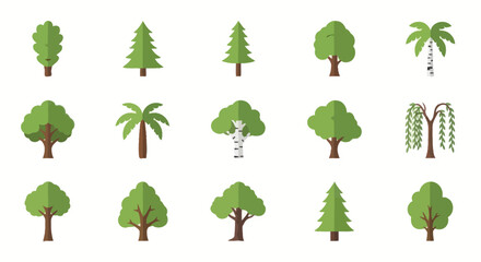 Diverse Tree Collection: Oak, Pine, Palm, Birch, Willow Flat Icons © rexus